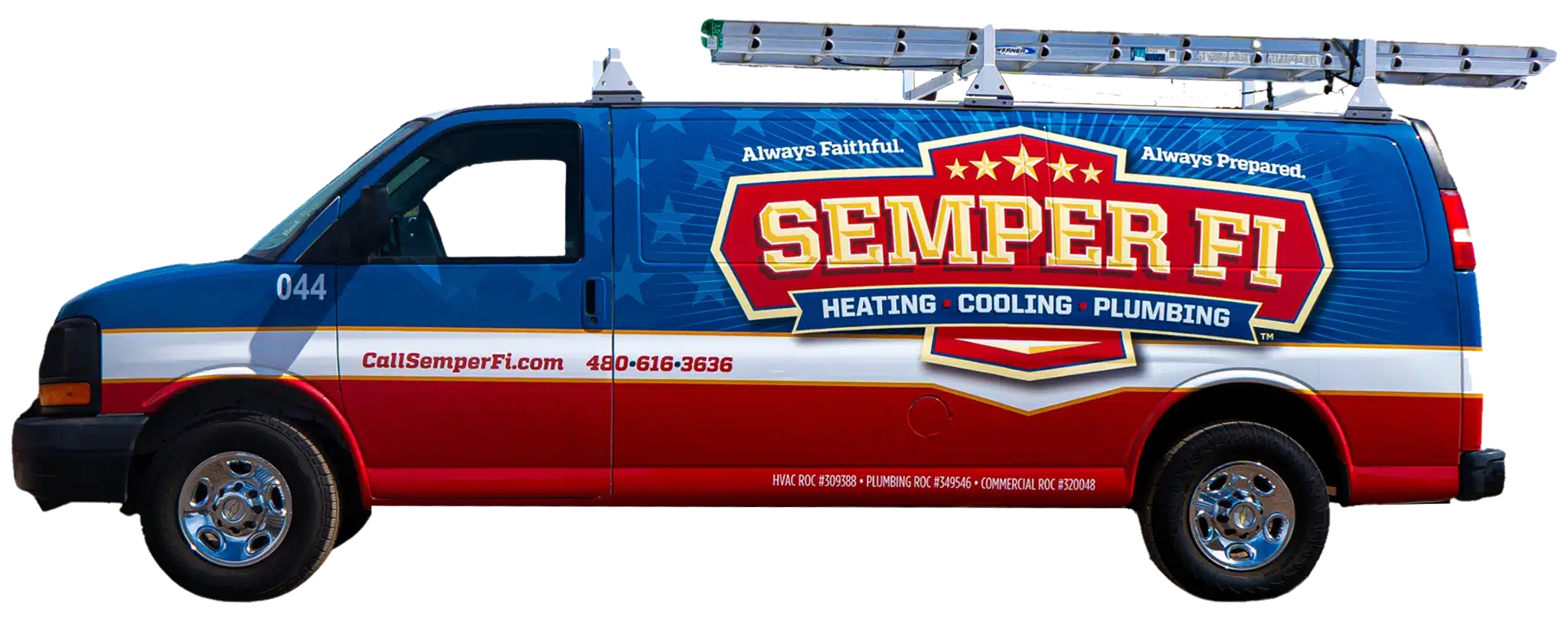 Semper Fi service van with logo and contact information for heating, cooling, and plumbing services.