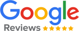 Google reviews logo with five yellow stars.